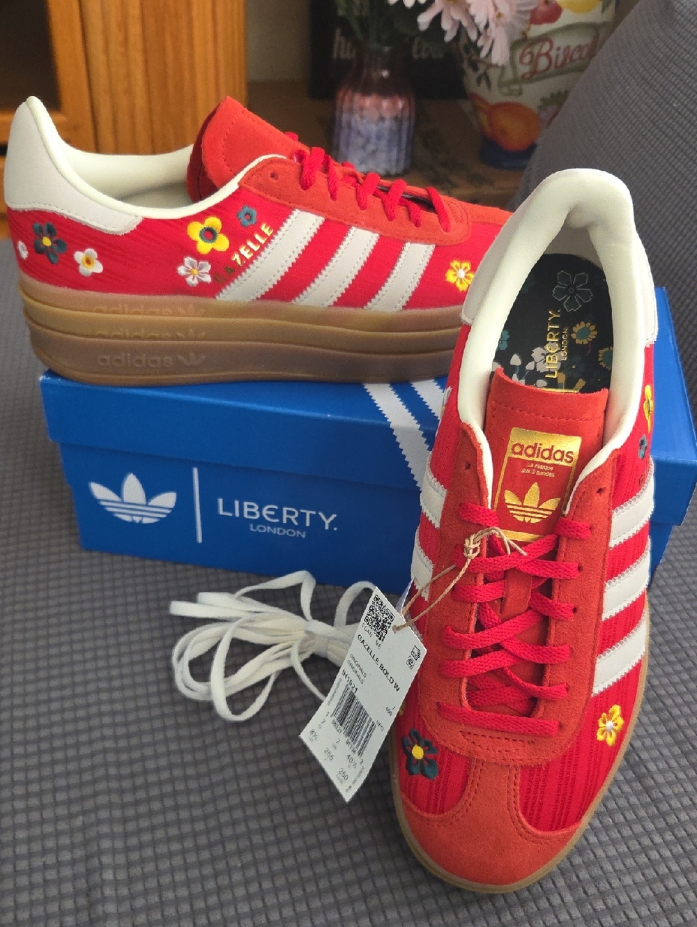 Adidas Liberty London,Red Floral Gazelle Sneakers with White Stripes - Picture 2 of 7
